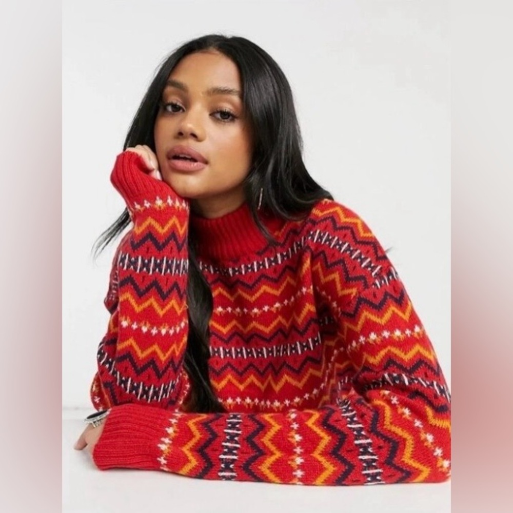 Wednesday's Girl sweater in bright red fairisle knit size Large